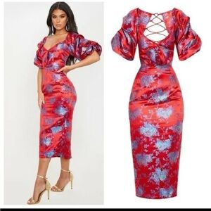 NWT Pretty Little Thing Red Floral Jaquard Lace Up Back Midi Dress Size 10